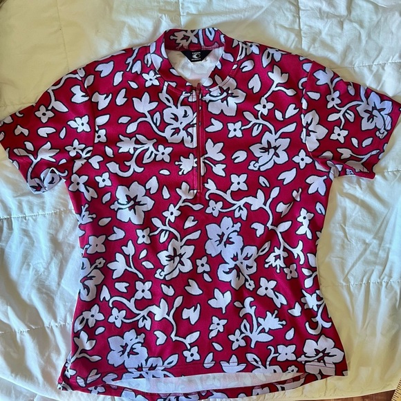 Canari Red and White Floral Bicyclist Shirt Hawaiian light weight vibrant sporty - Picture 1 of 7